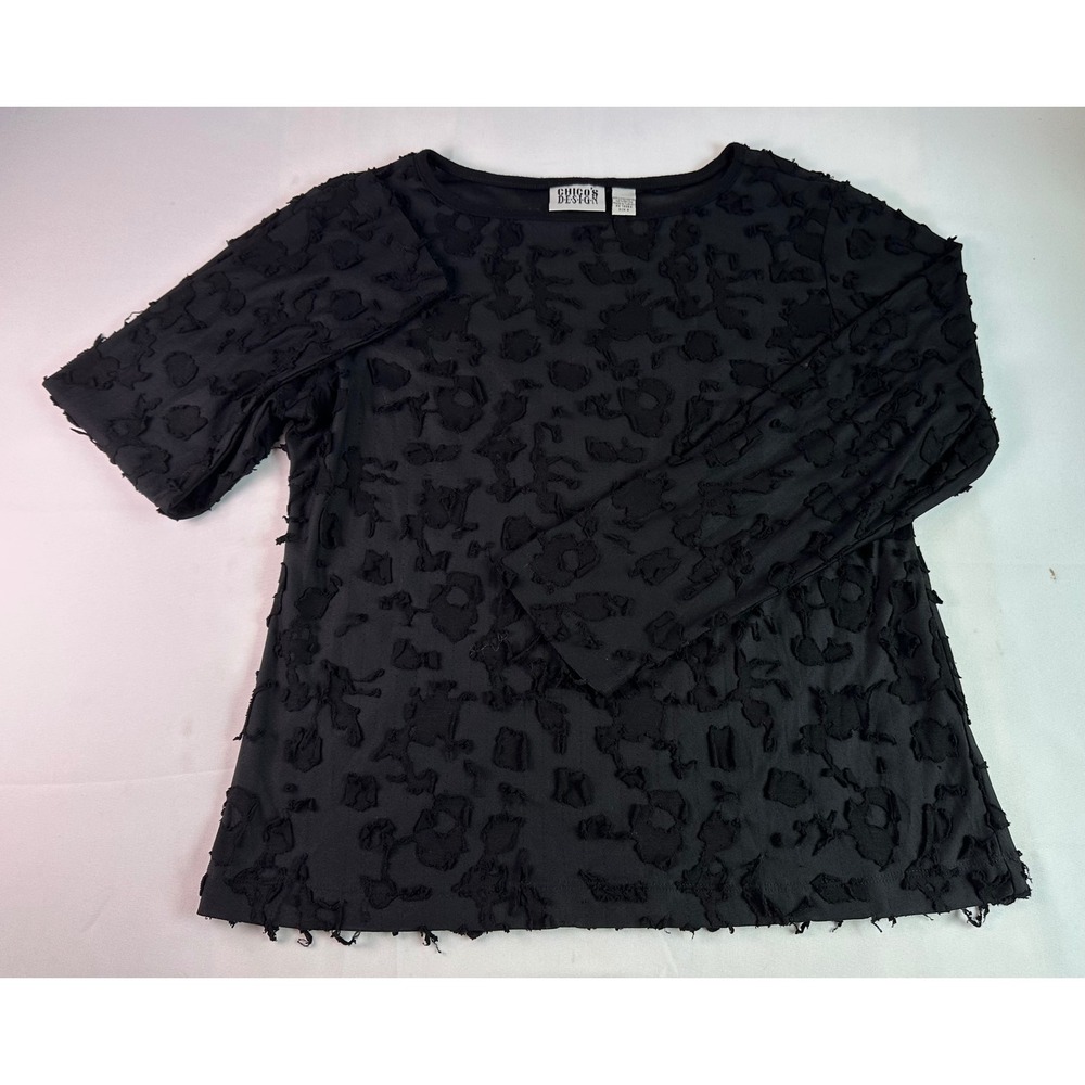 Chico's Design Black‎ Textured Tunic Top L L/s Distressed Floral Size 2 (US 12)